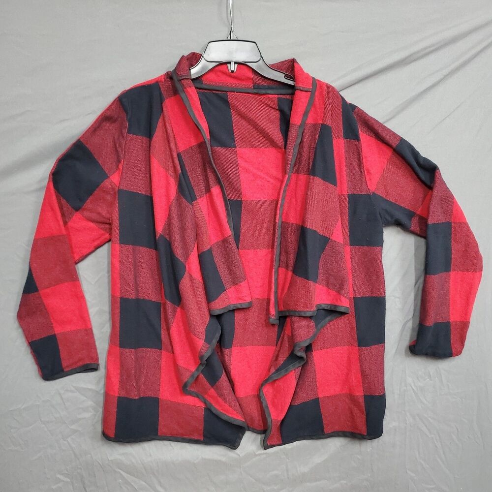 Cabela’s Womens Red Black Plaid Open Waterfall Cotton Cardigan Flannel